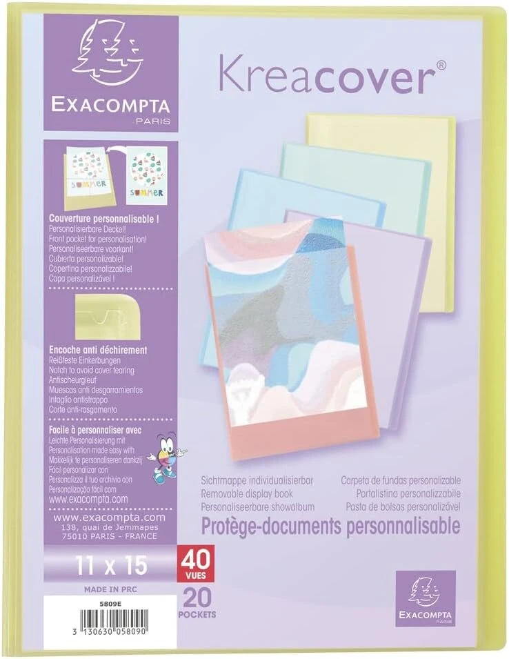 Exacompta 5809e Kreacover pastelinis plastikinis aplankas su kišenėlėmis, 11 x 15 cm su 20 skaidrių kišenių, 40 puslapių, puikiai tinka mokyklai ir biurui, dokumentų viršelis, 1 vienetas, atsitiktinė spalva
