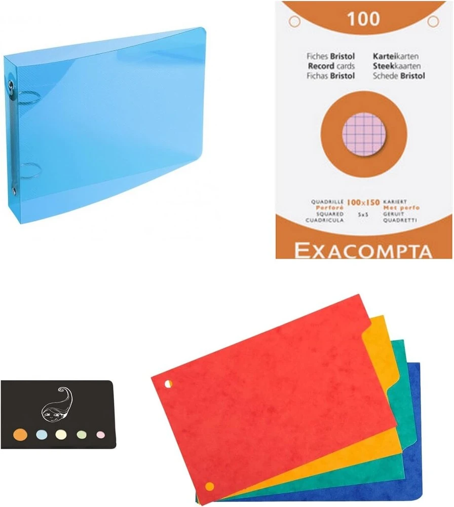 Exacompta Polipropileninių skaidrių segtuvų rinkinys 10 x 15 cm + 100 spalvotų languotų perforuotų kortelių + 4 skirtukai + 1 Blumie indeksas (mėlynas)