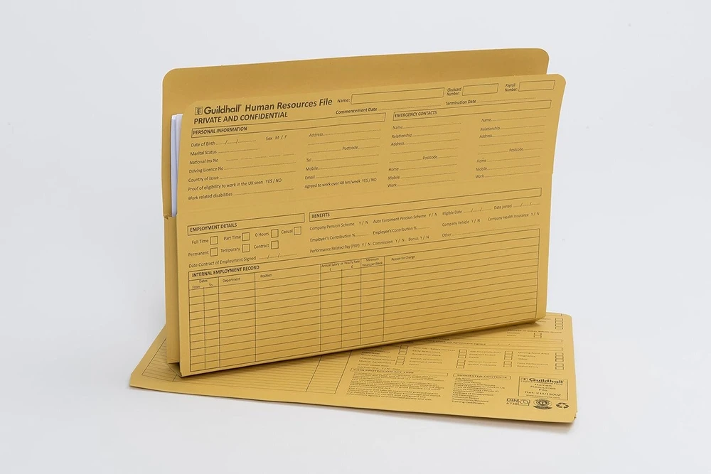 Exacompta - Ref 211/1300z - Guildhall žmogiškųjų išteklių segtuvas su svirtiniu mechanizmu - 350 mm x 260 mm - Tinka Foolscap ir A4 formatams - 315 gsm iš anksto atspausdintas viršelis - Geltonas (50 vnt.)