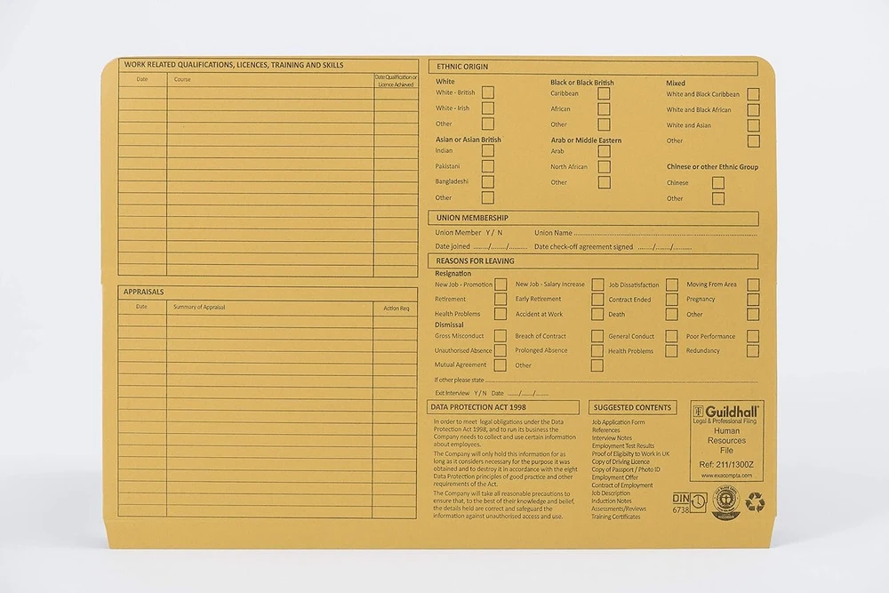 Exacompta - Ref 211/1300z - Guildhall žmogiškųjų išteklių segtuvas su svirtiniu mechanizmu - 350 mm x 260 mm - Tinka Foolscap ir A4 formatams - 315 gsm iš anksto atspausdintas viršelis - Geltonas (50 vnt.)