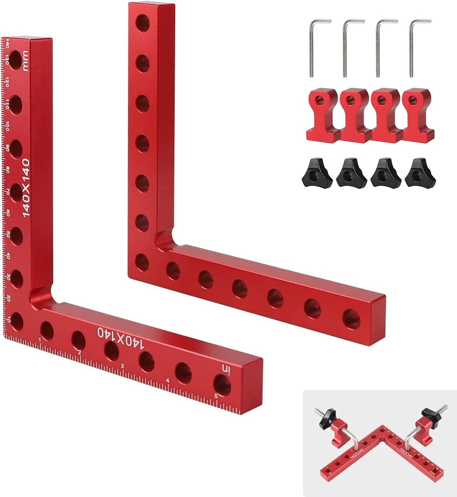Exleco 2 x 90 laipsnių aliuminio kampiniai spaustuvai 140 mm pozicionavimo kampas stačiu kampu spaustuvas kampinis liniuotė dailidės kampas 90 laipsnių kampinis spaustuvas stačiu kampu medienos apdirbimui baldų konstrukcijai su 4