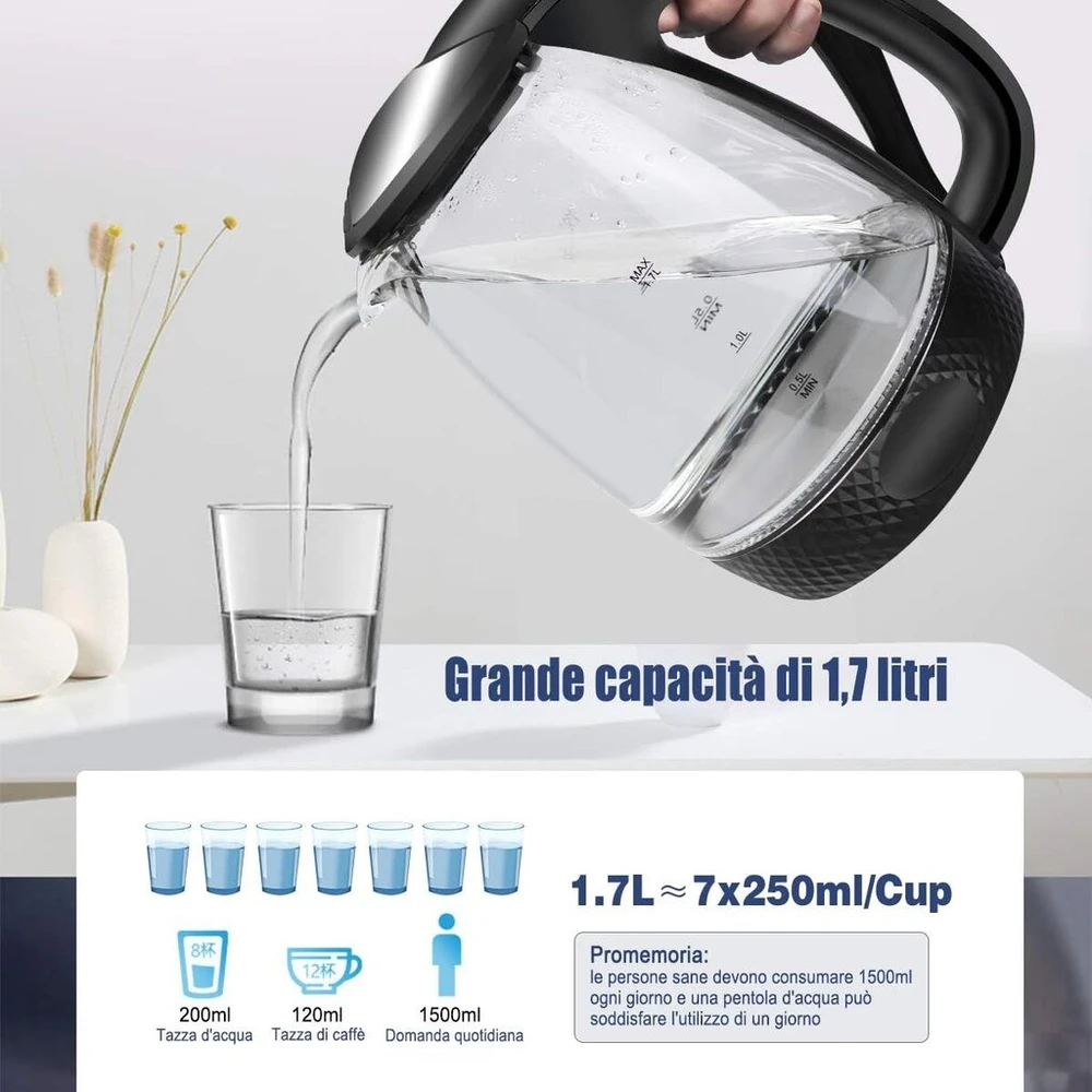 Extrastar elektrinis stiklinis virdulys su mėlyna led lempute, be bpa, automatinis išjungimas ir apsauga nuo virimo be vandens, 1,7 l