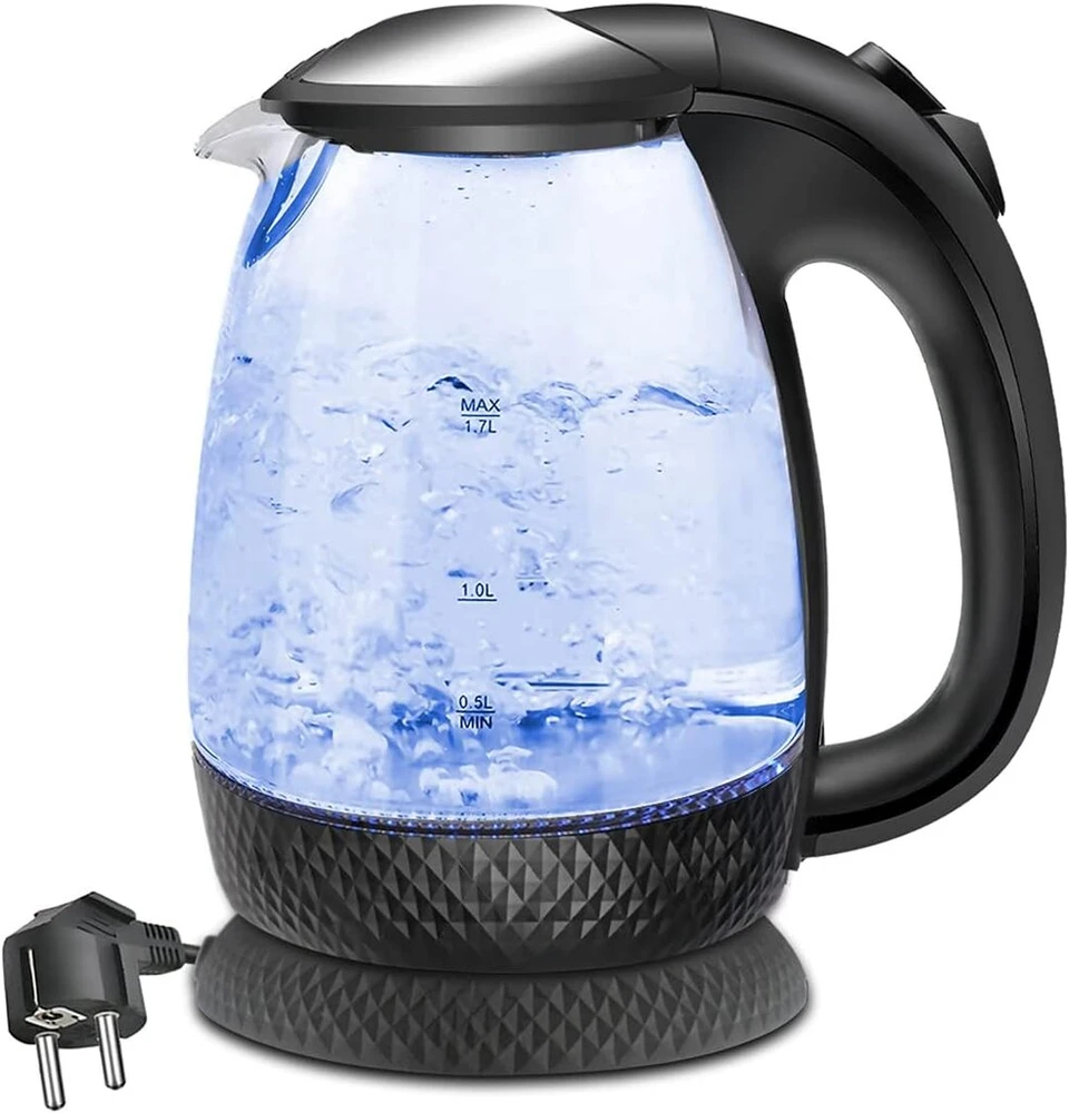 Extrastar elektrinis stiklinis virdulys su mėlyna led lempute, be bpa, automatinis išjungimas ir apsauga nuo virimo be vandens, 1,7 l
