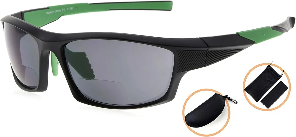 Eyekepper tr90 sportiniai bifokaliniai akiniai nuo saulės beisbolui, bėgimui, žvejybai, vairavimui, golfui, softbolui, žygiams su skaitymo zona (juodas rėmelis, žalias rėmelis, 1.75)