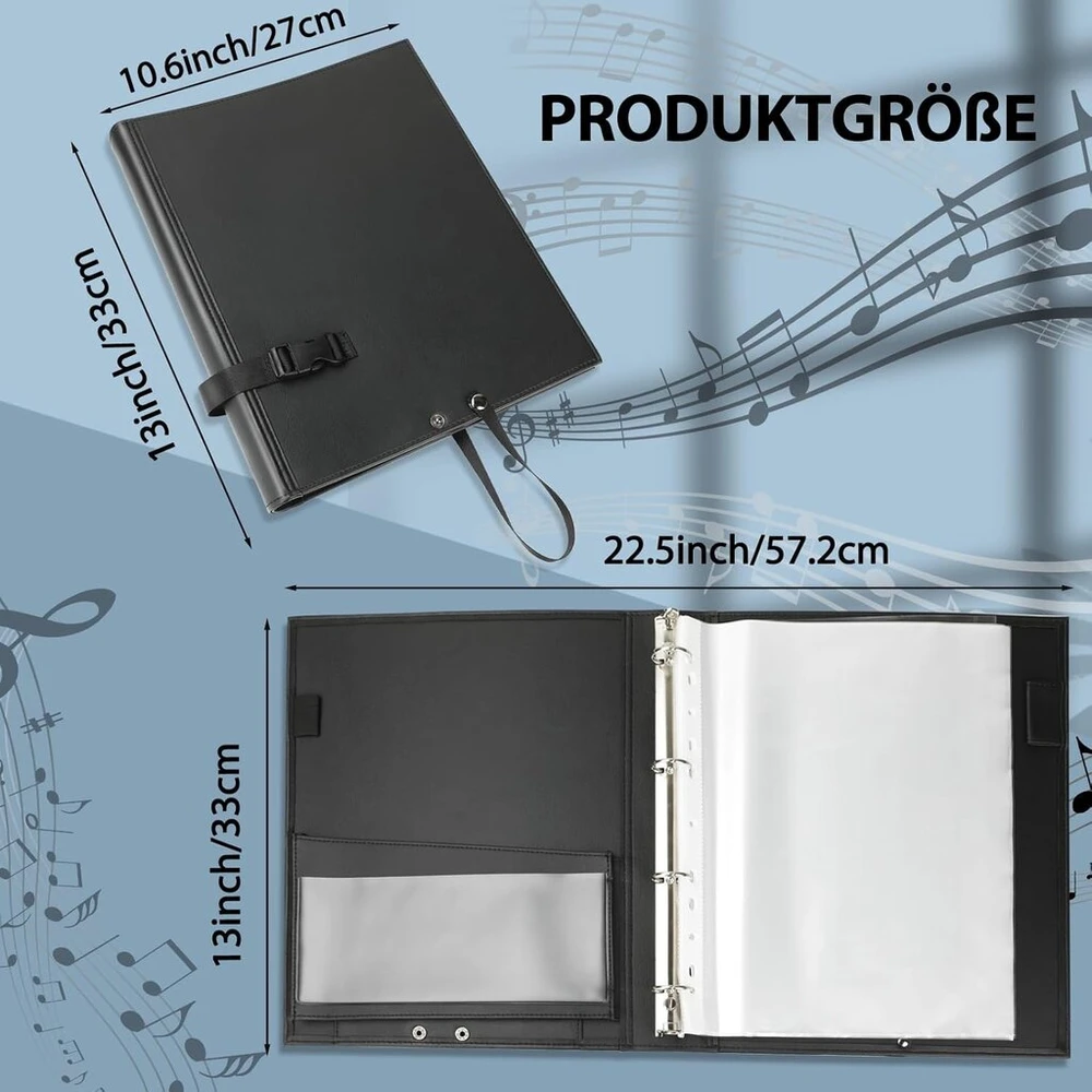 Eyoloty muzikos aplankas, choro aplankas, dainavimo aplankas natoms iki din a4 formato, dirbtinė oda su rankos dirželiu ir 24 šoniniais skyreliais, smuiko raktas, instrumentininkams muzikantams, talpa maks. 200 lapų