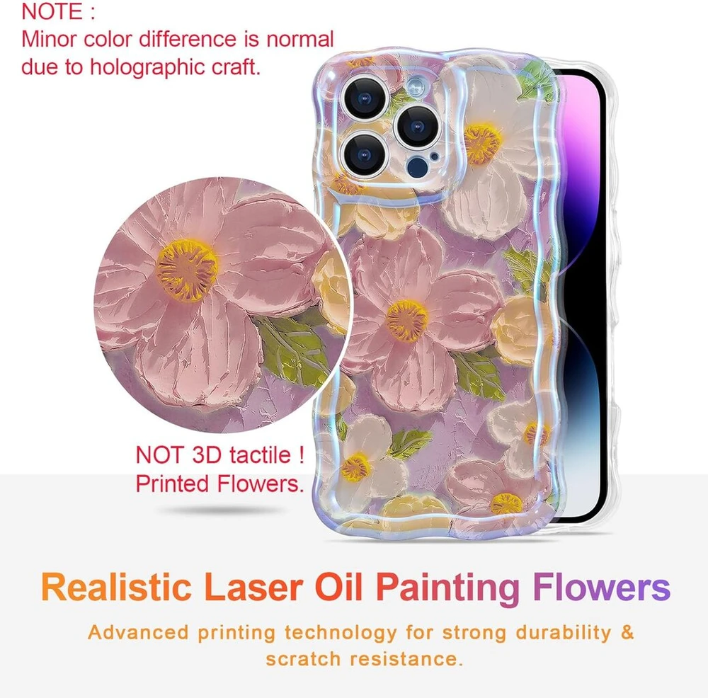 Eyzutak telefono dėklas, skirtas iphone 14 pro max, spalvingas, vintažinis gėlių aliejinis paveikslas su blizgučiais, banguoto rėmo formos, minkštas tpu, silikoninis, smūgiams atsparus apsauginis dėklas, buferio dangtelis, rožinis