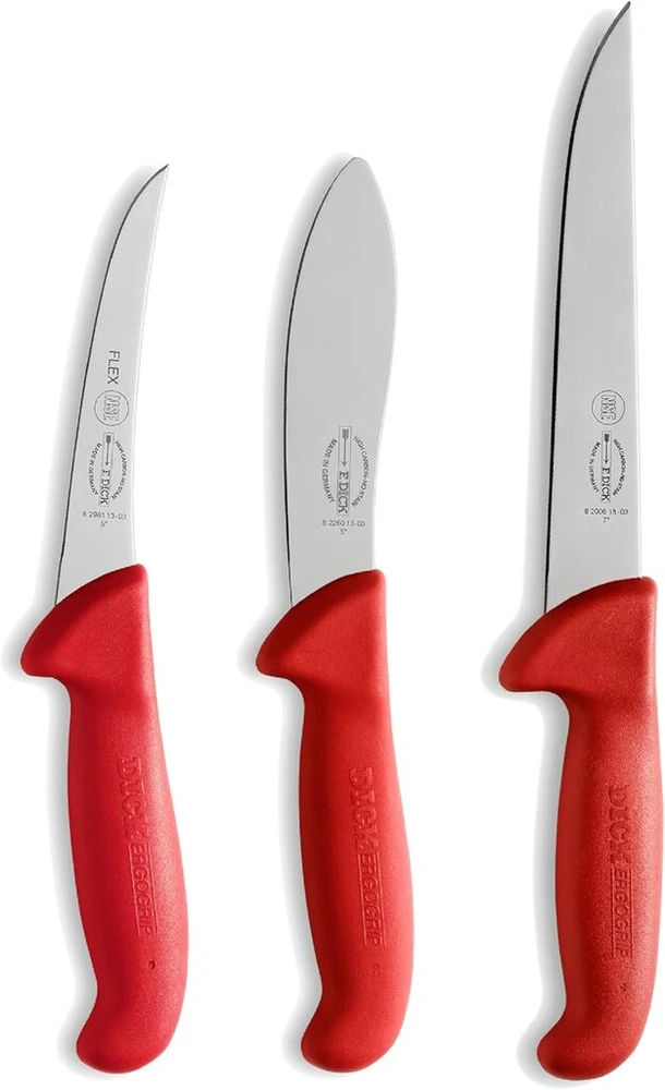 F. Dick Ergogrip 82556100 peilių rinkinys 3 dalių "hunting Indoor" (peilis mėsai iškaulinėti, lenktas ašmenys 13 cm, peilis odai nulupti 13 cm, pjaustymo peilis 18 cm, Hrc 56°)