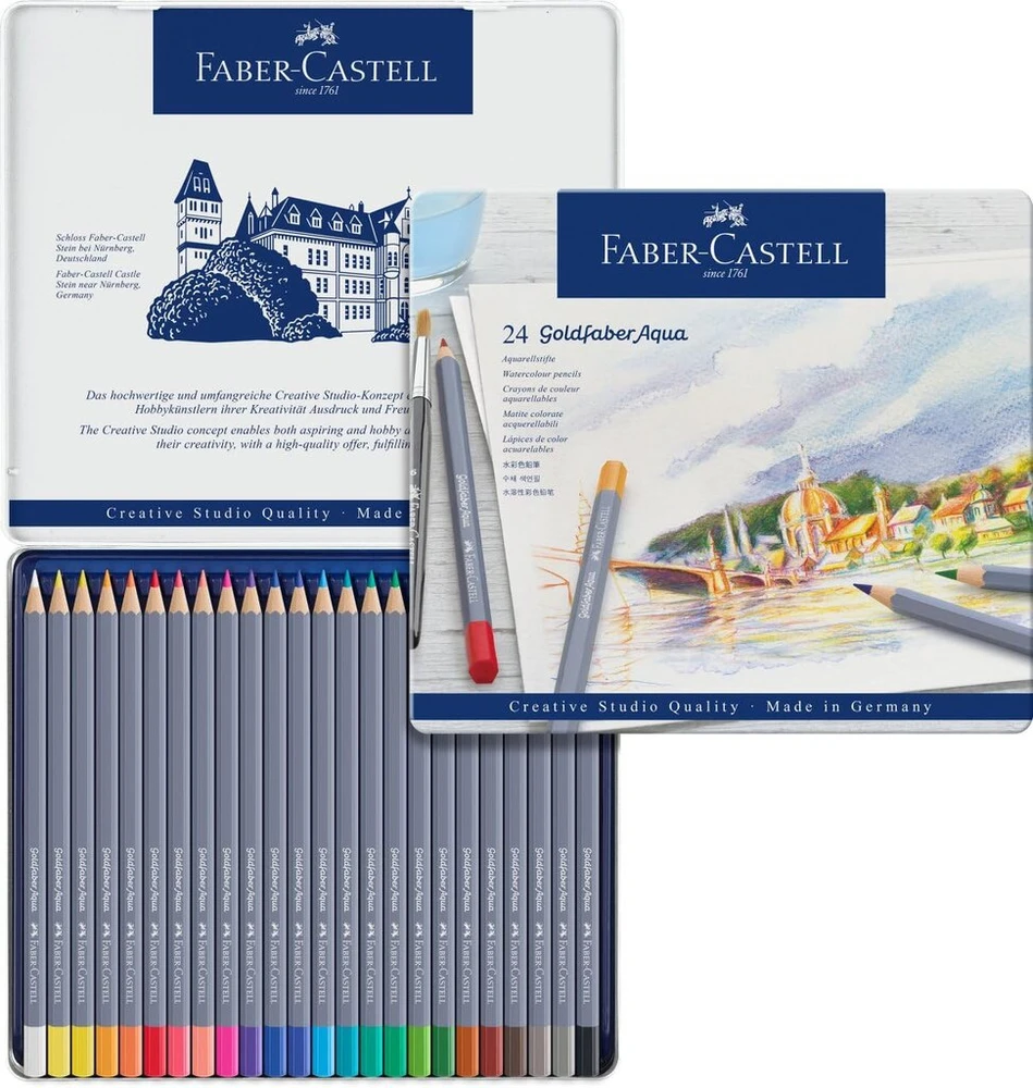 Faber-castell 114624 - Goldfaber akvareliniai pieštukai, 24 spalvų pieštukų rinkinys ir Amazon Basics - teptukų rinkinys menininkams, 10 skirtingų dydžių, skirtas menininkams, suaugusiems ir vaikams, mėlynas, 1 pakuotė