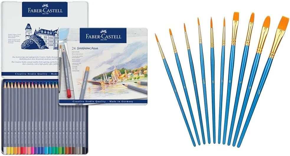 Faber-castell 114624 - Goldfaber akvareliniai pieštukai, 24 spalvų pieštukų rinkinys ir Amazon Basics - teptukų rinkinys menininkams, 10 skirtingų dydžių, skirtas menininkams, suaugusiems ir vaikams, mėlynas, 1 pakuotė