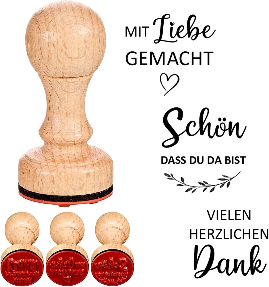 Faccito 3 vnt. 3 cm „schön dass du da bist dankeschön“ mediniai antspaudai su rankena, skirti iškarpų albumams, medinis sandarinimo antspaudas, skirtas „pasidaryk pats“ amatams, laiškams, atvirukams, vestuvių iškarpų albumams