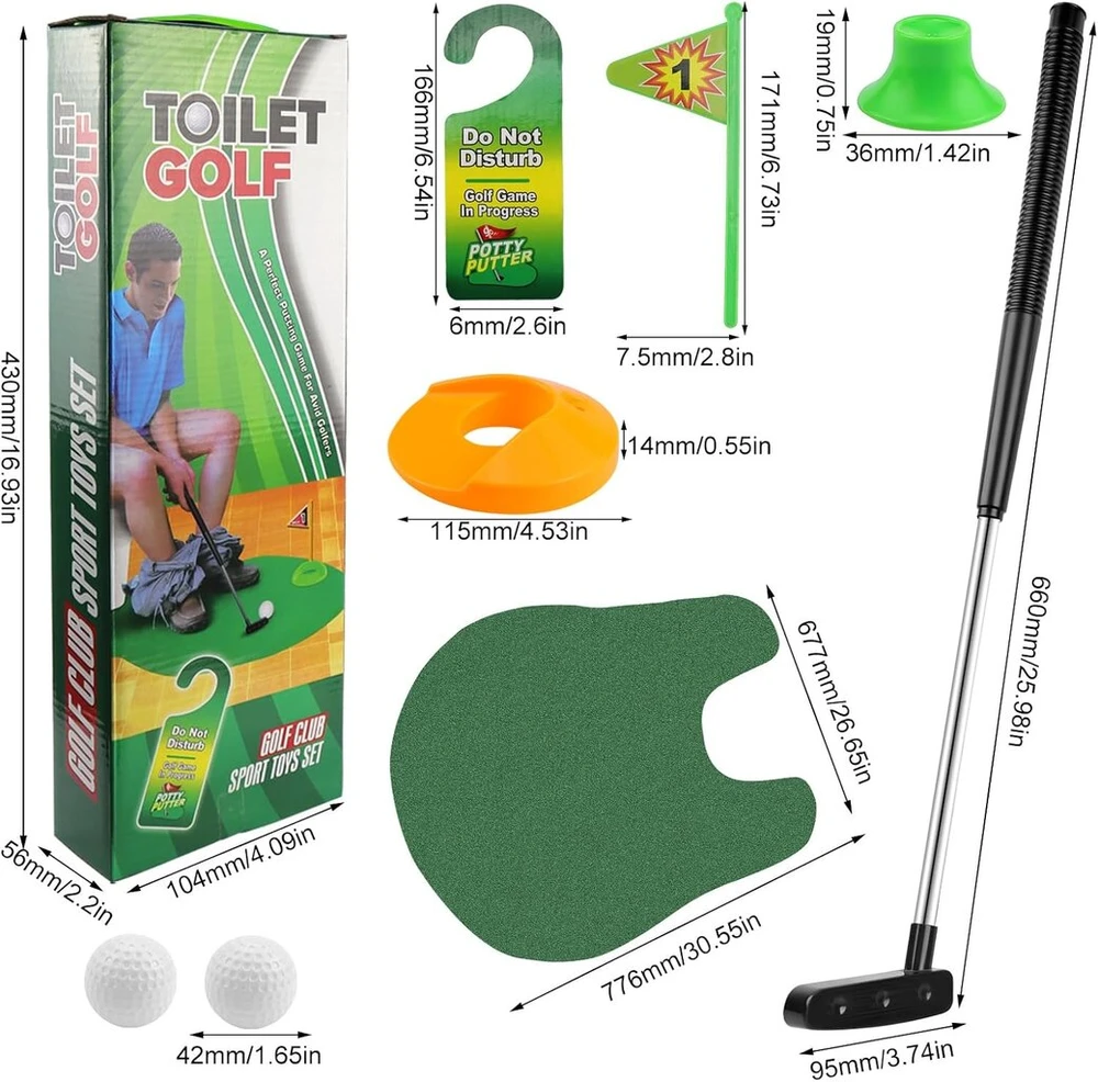 Faelnk golfo rinkinys tualetui, 7 dalių mini golfo žaidimas, juokinga dovana vyrams voniai su golfo lazda 65 cm, kamuoliukų riedėjimo takeliu, 2 golfo kamuoliukais ir pakabinamu ženklu ant durų