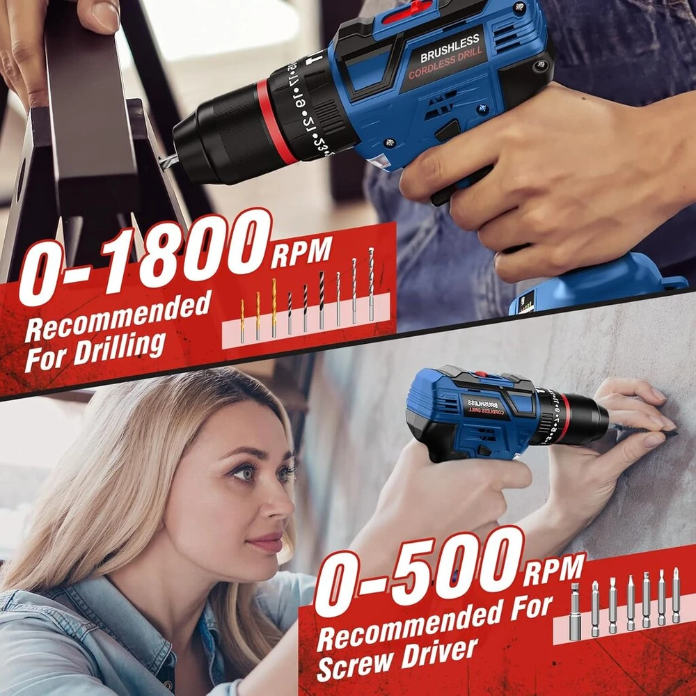 Fahefana 21 V akumuliatorinis suktuvas-gręžtuvas be šepetėlių, gręžtuvas su 2 akumuliatoriais, akumuliatorinis gręžtuvas 60 Nm Max, 25 + 3 sukimo momentai, 2 greičiai, Led, akumuliatorinis smūginis gręžtuvas, 29 priedai namų projektams