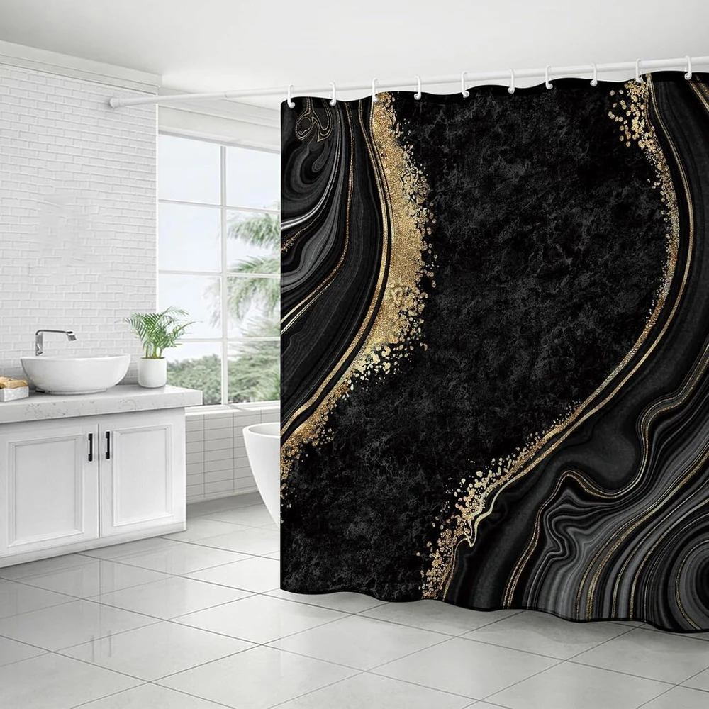 Fairygate B9012 dušo užuolaida juodo aukso spalvos, atspari pelėsiui, 180 x 180 cm vonios dušo užuolaidos su marmuro raštu, vandeniui atspari voniai, su 12 dušo užuolaidų žiedų