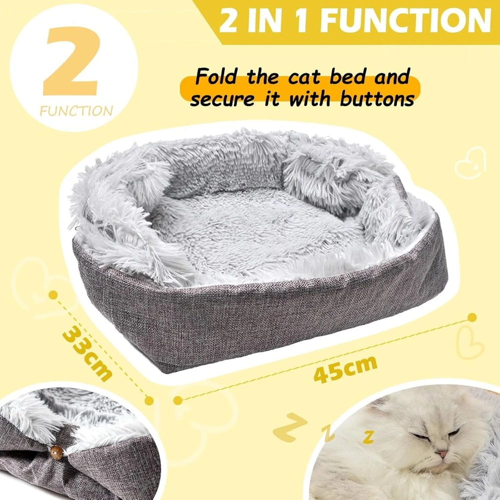 Fanchu guolis katėms, 2-in-1 pliušinis minkštas guolis naminiams gyvūnams, katės sofa, purus guolis katėms, mažas guolis šunims, guolis naminiams gyvūnams, katės antklodė, guolis katėms, guolis naminiams gyvūnams katėms ir mažiems šunims (šviesiai pilkas)