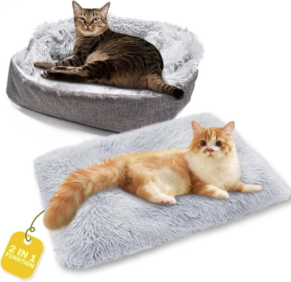 Fanchu guolis katėms, 2-in-1 pliušinis minkštas guolis naminiams gyvūnams, katės sofa, purus guolis katėms, mažas guolis šunims, guolis naminiams gyvūnams, katės antklodė, guolis katėms, guolis naminiams gyvūnams katėms ir mažiems šunims (šviesiai pilkas)
