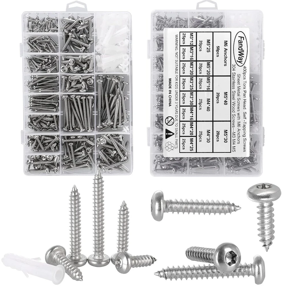 Fandway rinkinys, 400 vnt. torx sriegių su sriegikliu, nerūdijančio plieno a2-70 apvalios galvutės sriegiai, sriegikliai m3/m4/m5 medvaržčiai, savaime gręžiantys sriegiai, asortimentas su 3 antgaliais ir m6 inkaru.