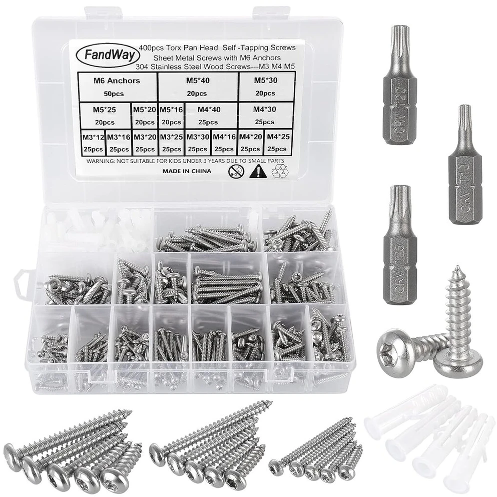 Fandway rinkinys, 400 vnt. torx sriegių su sriegikliu, nerūdijančio plieno a2-70 apvalios galvutės sriegiai, sriegikliai m3/m4/m5 medvaržčiai, savaime gręžiantys sriegiai, asortimentas su 3 antgaliais ir m6 inkaru.