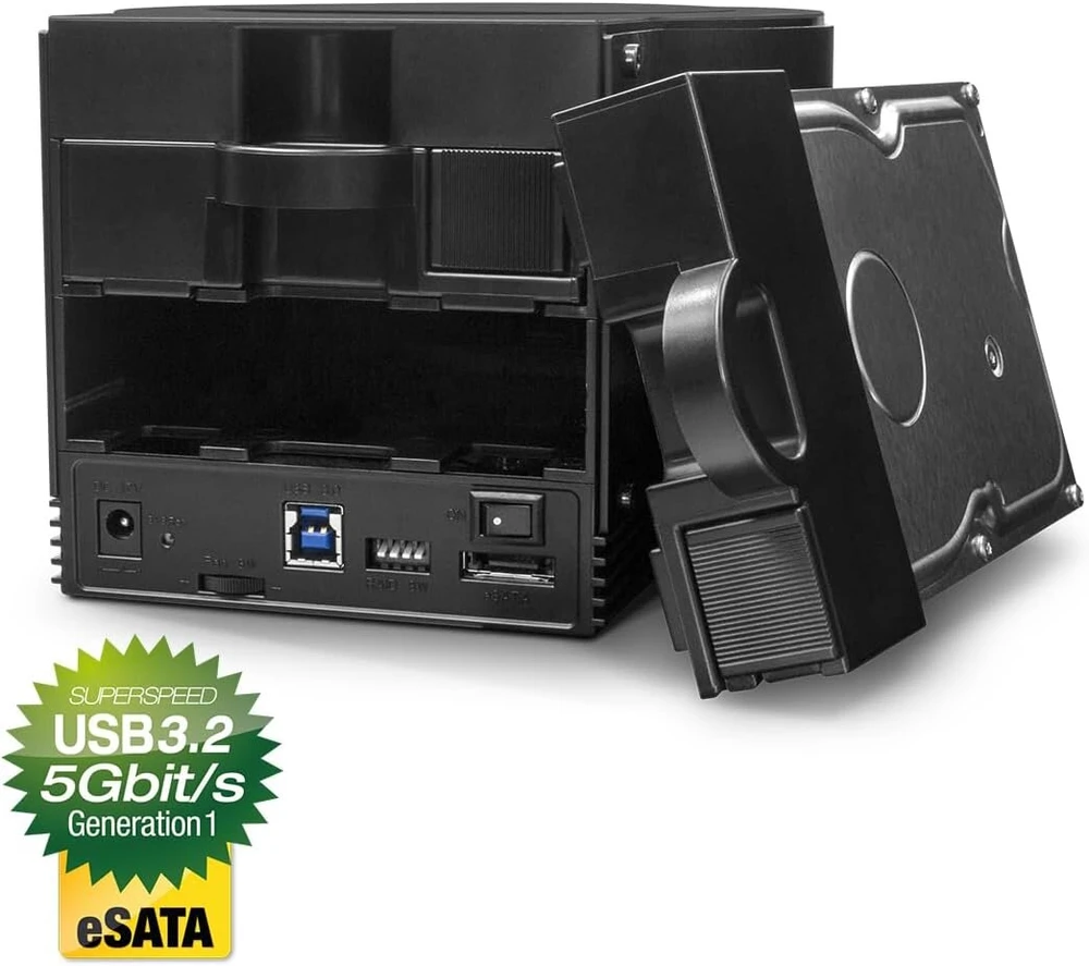 Fantec 1547 Sq-x2ru3e išorinis 2 krypčių raid standžiojo disko dėklas, skirtas 2x 8,89 cm (3,5 colio) Sata standiesiems diskams, Usb 3 Superspeed ir Esata, 6g palaikymas, Raid funkcija (0/1/jbod/big), 80 mm ventiliatorius) juodas, 124761