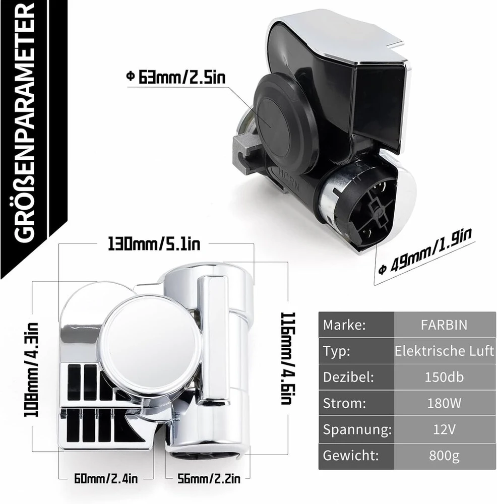 Farbin 12 V motociklo signalo automobilio signalo rinkinys oro signalas 150 Db garsus oro signalas suspausto oro signalo rinkinys motociklui sunkvežimiui automobiliui valčiai pikapui džipui (12 V, sidabrinė laidų pynė ir mygtukas)