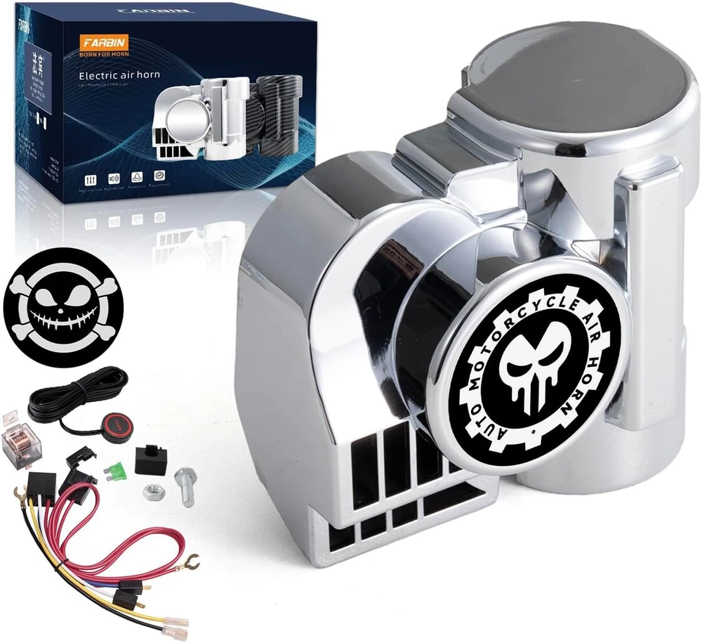 Farbin 12 V motociklo signalo automobilio signalo rinkinys oro signalas 150 Db garsus oro signalas suspausto oro signalo rinkinys motociklui sunkvežimiui automobiliui valčiai pikapui džipui (12 V, sidabrinė laidų pynė ir mygtukas)