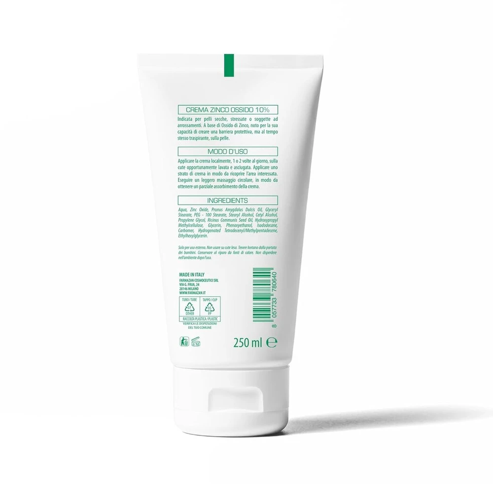 Farmazan cinko oksido kremas 10% 250ml - apsauga nuo trinties, raminantis, drėkinantis, sausai odai, pažeistai odai, paraudimui - cinko oksidas, migdolų aliejus, ricinos aliejus (250ml) (Pažeista pakuotė)