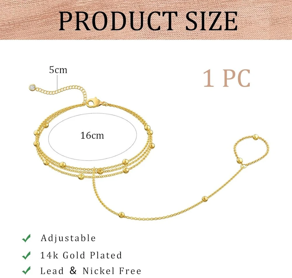 Fashion Gold 14k paauksuota grandinėlė ant rankos su žiedu moterims