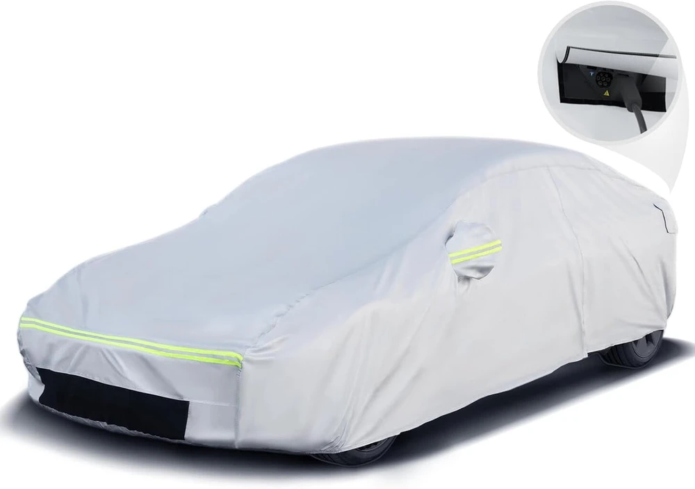 Favoto automobilio uždangalas, skirtas Tesla Model 3 - vandeniui atsparus Model 3 brezentas, atsparus oro sąlygoms, 6 sluoksnių Peva su medvilniniu šoniniu užtrauktuku, ventiliacijos angomis, įkrovimo lizdais
