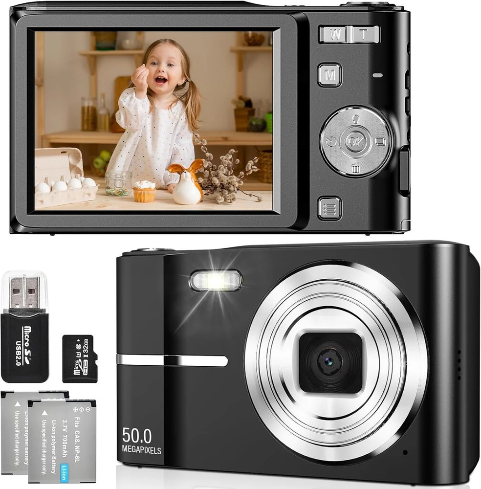 Fayibuy skaitmeninis fotoaparatas 50mp 1080p fhd su automatiniu fokusavimu 16x skaitmeniniu priartinimu, nešiojamas kompaktiškas fotoaparatas su 32gb sd kortele vaikams paaugliams pradedantiesiems (juodas)