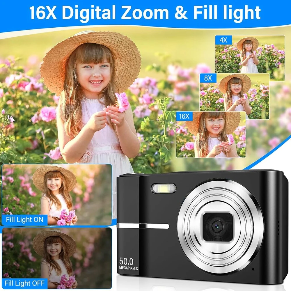 Fayibuy skaitmeninis fotoaparatas 50mp 1080p fhd su automatiniu fokusavimu 16x skaitmeniniu priartinimu, nešiojamas kompaktiškas fotoaparatas su 32gb sd kortele vaikams paaugliams pradedantiesiems (juodas)