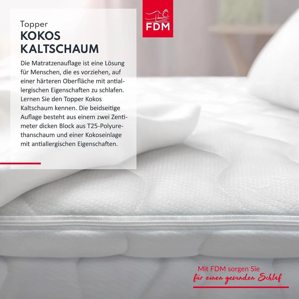 Čiužinys Fdm Antklodė čiužiniui Coconut Cold Foam 180 x 200 cm, pagaminta iš šaltojo putų poliuretano, kokoso, kietumas H4, aukštis apie 4 cm, tinkama alergiškiems žmonėms, Oeko-tex, balta