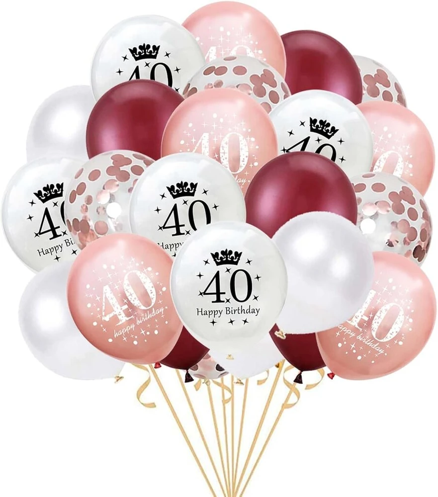 Fechy 40-ojo gimtadienio balionai, 30 vienetų rožinės raudonos spalvos 40-ojo gimtadienio lateksiniai konfeti balionai su kaspinais moterims, skirti laimingoms 40-ojo gimtadienio dekoracijoms, 12 colių (rožinis auksas)