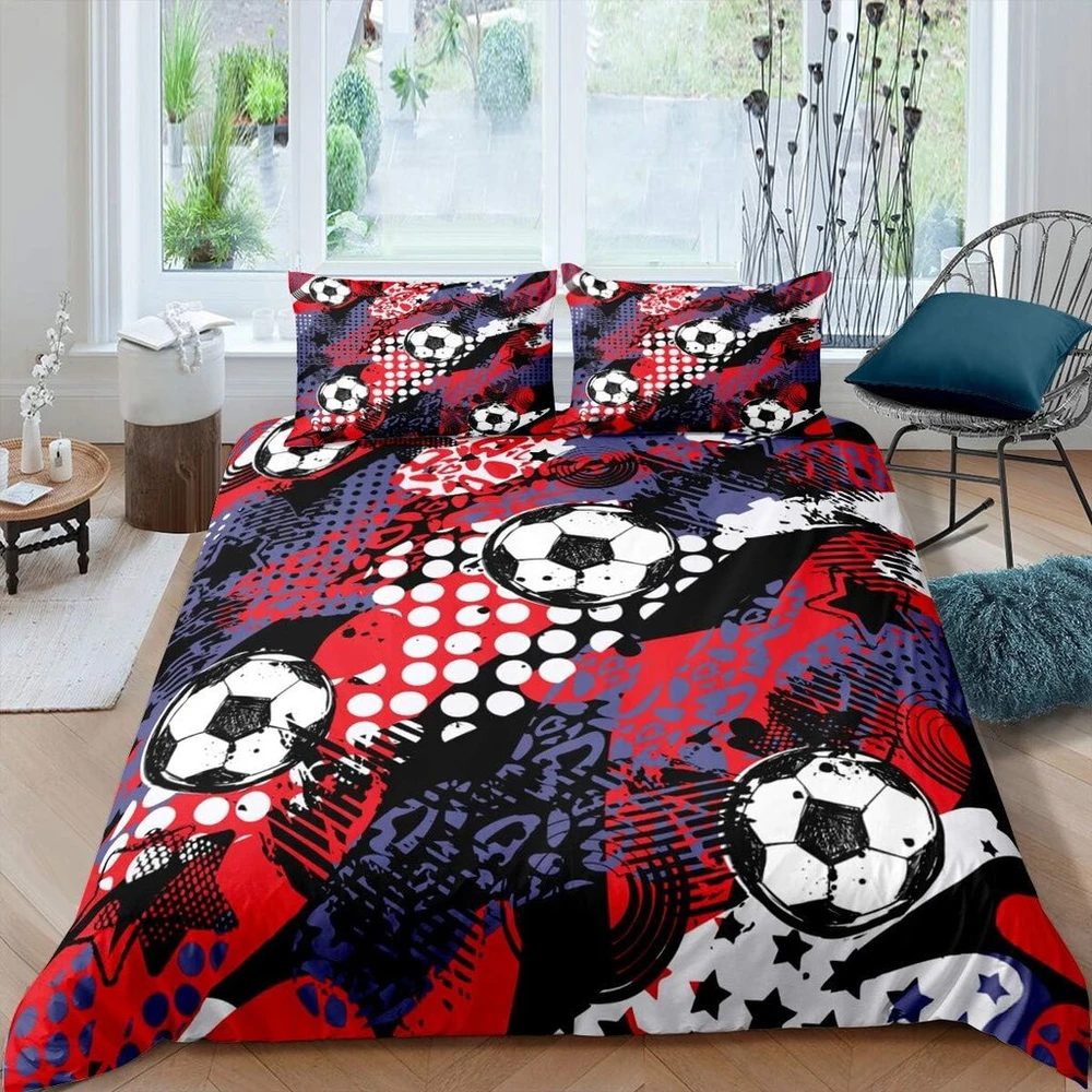 Feelingyou futbolo raudono grafiti patalynės komplektas, hip hopo kamuolys, sportinės patalynės komplektas, 135 x 200 cm, futbolo žaidimo patalynės komplektas vaikams, berniukams, mergaitėms, paaugliams, 2 dalys, užtrauktukas, mikropluoštas