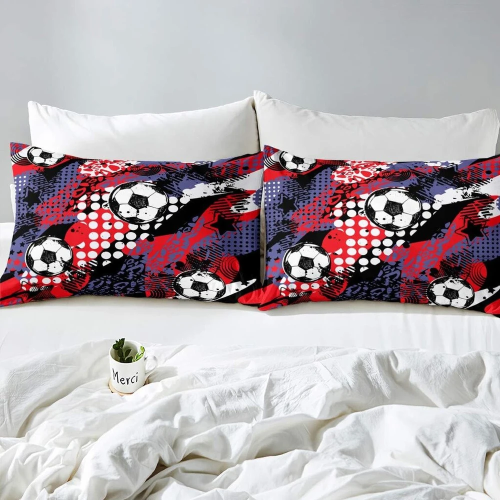 Feelingyou futbolo raudono grafiti patalynės komplektas, hip hopo kamuolys, sportinės patalynės komplektas, 135 x 200 cm, futbolo žaidimo patalynės komplektas vaikams, berniukams, mergaitėms, paaugliams, 2 dalys, užtrauktukas, mikropluoštas
