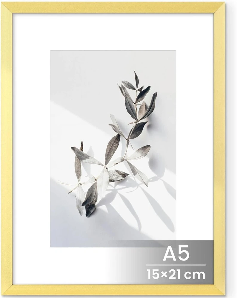 Feihorrm nuotraukų rėmelis, 15 x 21 cm metalinis nuotraukų rėmelis, skirtas 15 x 21 cm nuotraukoms be pasparto arba 9 x 14 cm nuotraukoms su paspartu, su grūdintu stiklu, aliuminio nuotraukų rėmelis (aukso spalvos, A5 (15 x 21 cm)