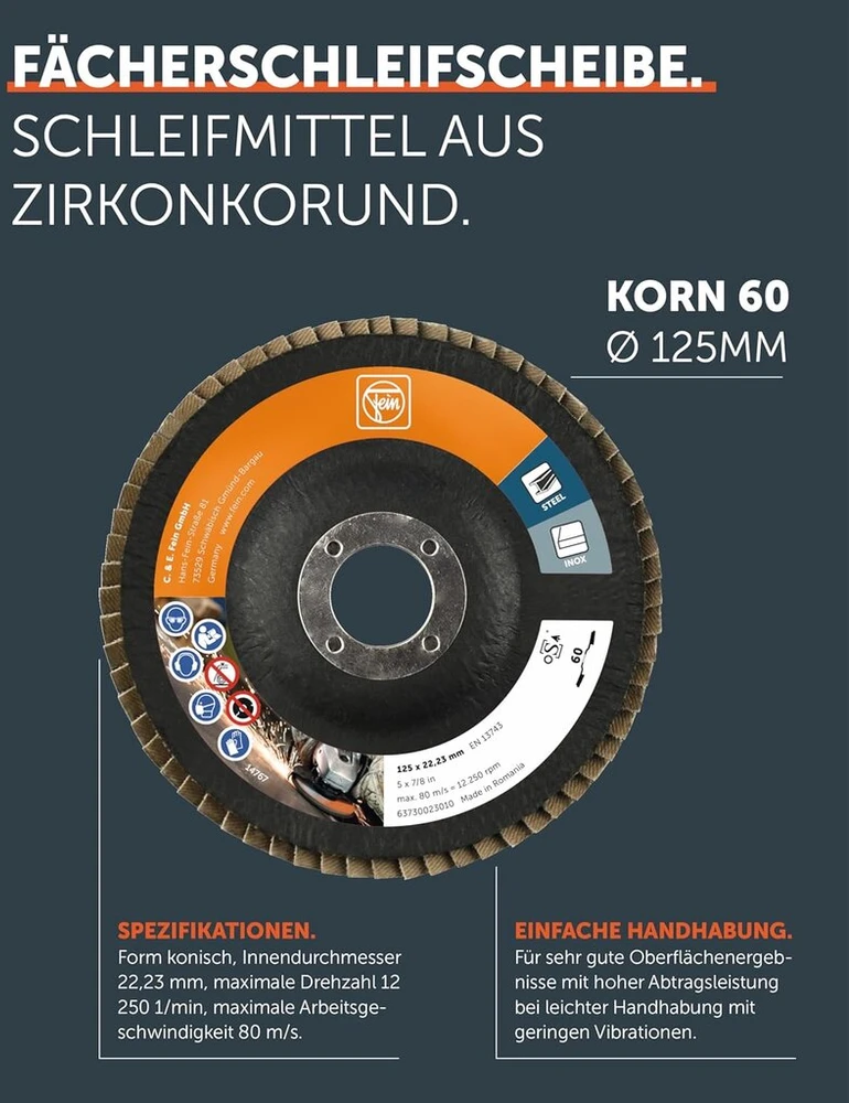 Fein atvartinis diskas, 10 vnt. (125 mm, 60 grūdėtumas, cirkonio korundui) 63717301010