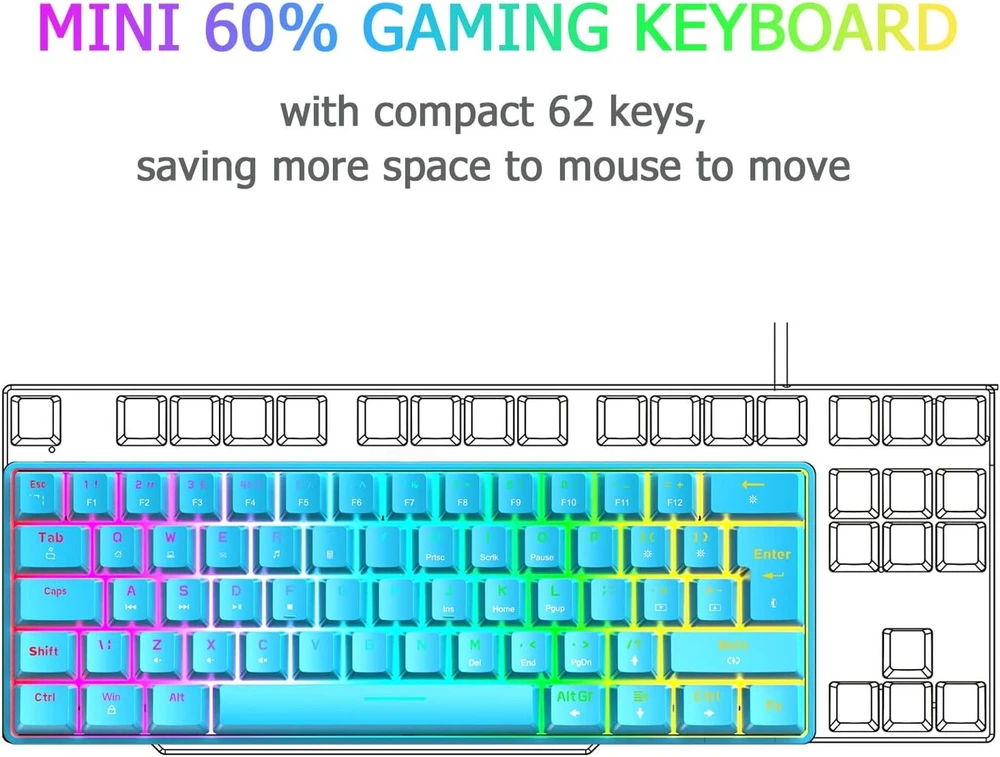 Felicon Mini 60% Rgb žaidimų klaviatūra, mechaniniai red jungikliai su kompaktiškais 62 klavišais, 18 Rgb Led chroma apšvietimas, nuimamas Usb type c kabelis, uk išdėstymas, ergonomiška pc, mac, nešiojamam kompiuteriui, mėlyna