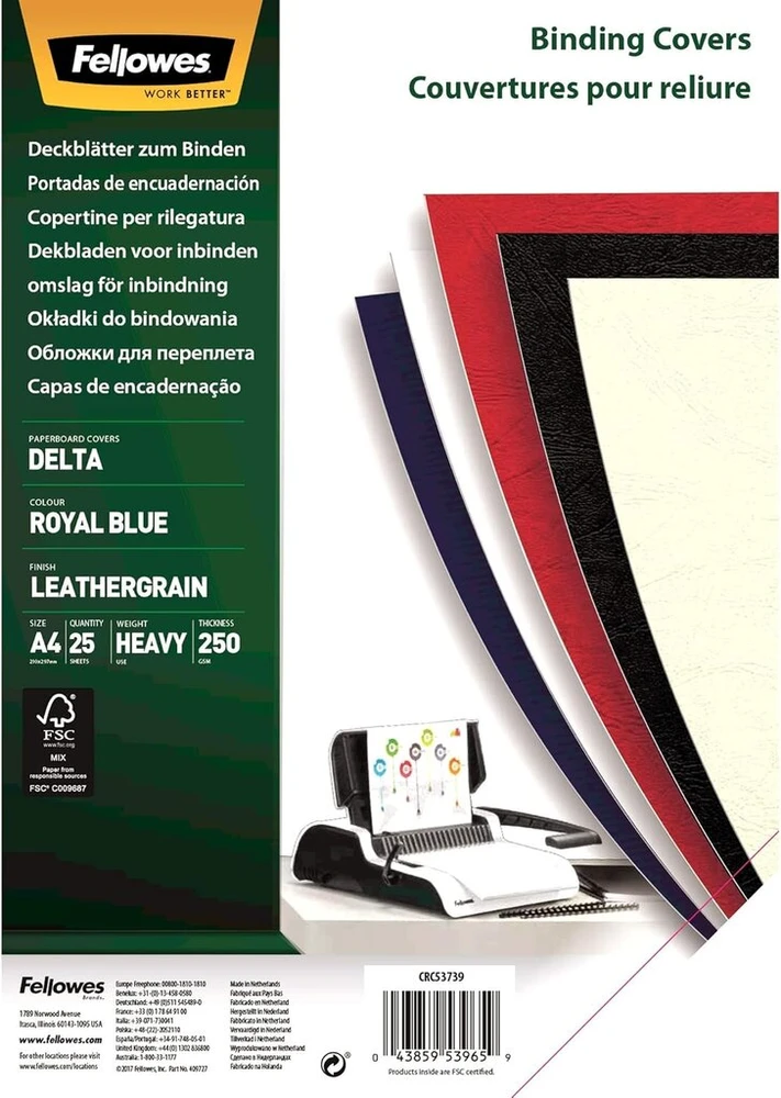 Fellowes A4 100 % perdirbamos odos kartono rišimo viršeliai, sunkūs, 250 gsm prezentaciniai viršeliai, Fsc, mėlyni, 25 vnt.