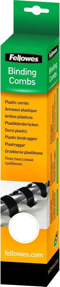 Fellowes A4 14 mm plastikinės rišimo šukos, skirtos rišimo mašinoms, suriša 81–100 puslapių, baltos, 25 vnt.