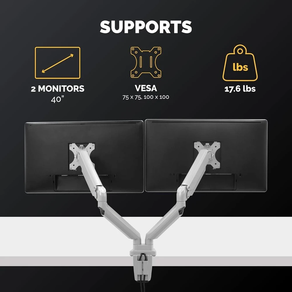 Fellowes monitoriaus laikiklis 2 monitoriams iki 32 colių (81,28 cm), Platinum Series monitoriaus laikiklis su dujine spyruokle, Usb prievadai - tvirtinamas spaustuku arba kabelio išėjimu - spalva: sidabrinė