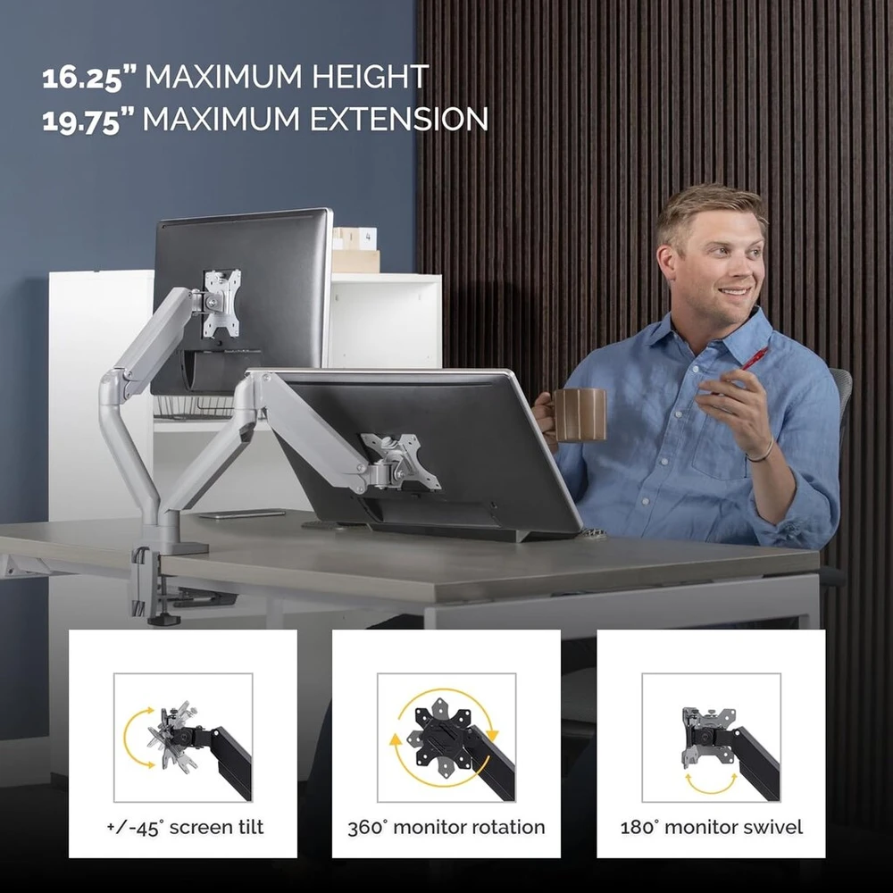 Fellowes monitoriaus laikiklis 2 monitoriams iki 32 colių (81,28 cm), Platinum Series monitoriaus laikiklis su dujine spyruokle, Usb prievadai - tvirtinamas spaustuku arba kabelio išėjimu - spalva: sidabrinė