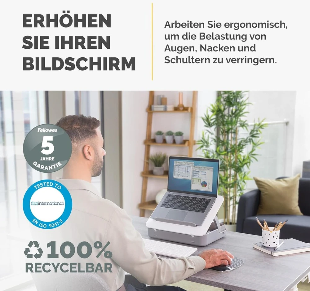 Fellowes nešiojamas nešiojamojo kompiuterio stovas su dėklu – breyta™ 2-in-1 dizainas su 5 aukščio nustatymais – idealus hibridiniam darbui – 100 % perdirbamas – baltas