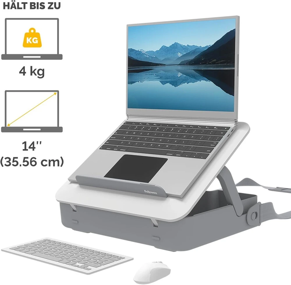 Fellowes nešiojamas nešiojamojo kompiuterio stovas su dėklu – breyta™ 2-in-1 dizainas su 5 aukščio nustatymais – idealus hibridiniam darbui – 100 % perdirbamas – baltas