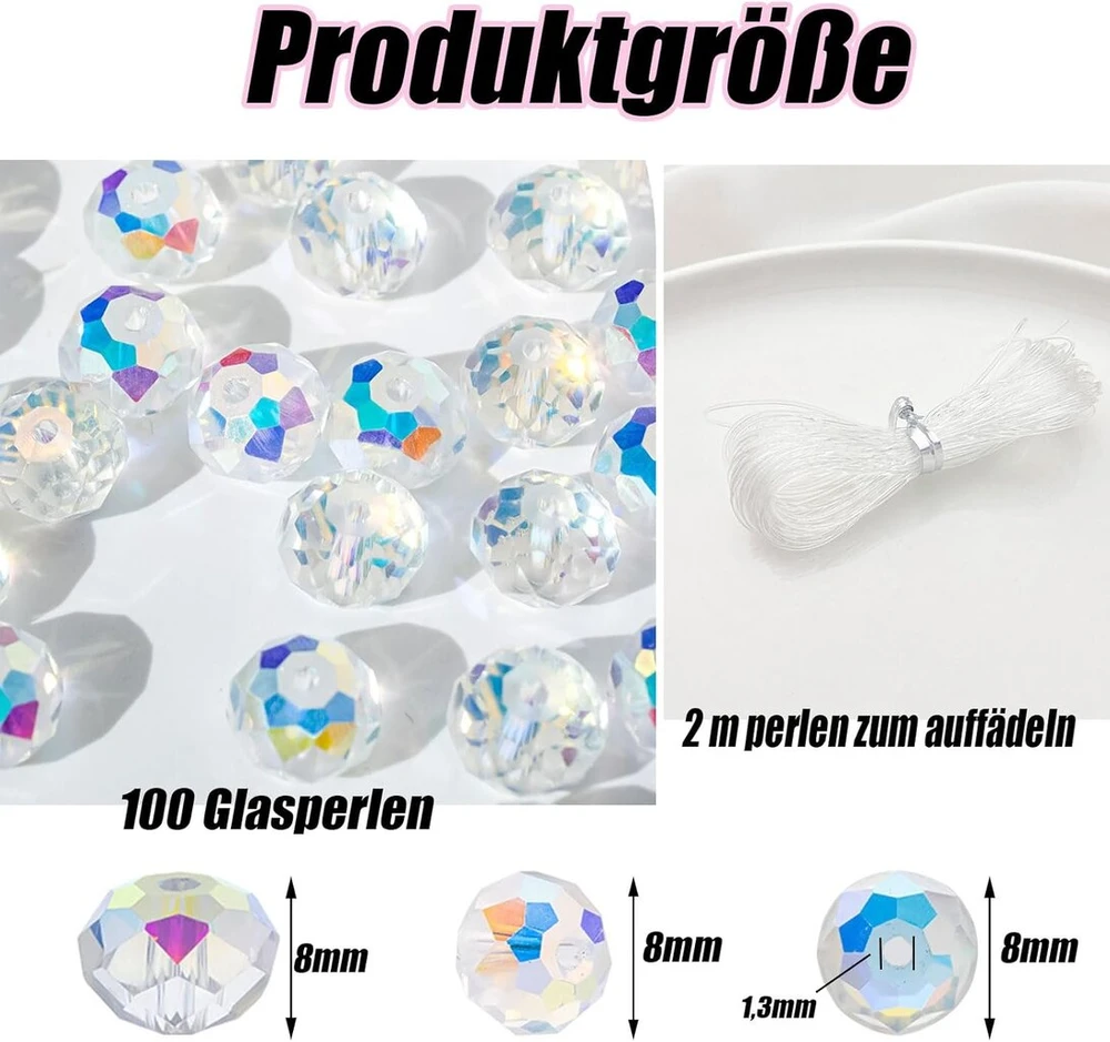 Femnow 100 stiklo karoliukų rinkinys vėrimui, 8 mm apvalūs briaunuoti stiklo karoliukai su skylute, spalvingi Ab spalvos briaunuoti karoliukai, stiklo karoliukai apyrankėms, "pasidaryk pats" papuošalų gamybai apyrankėms ir vėriniams