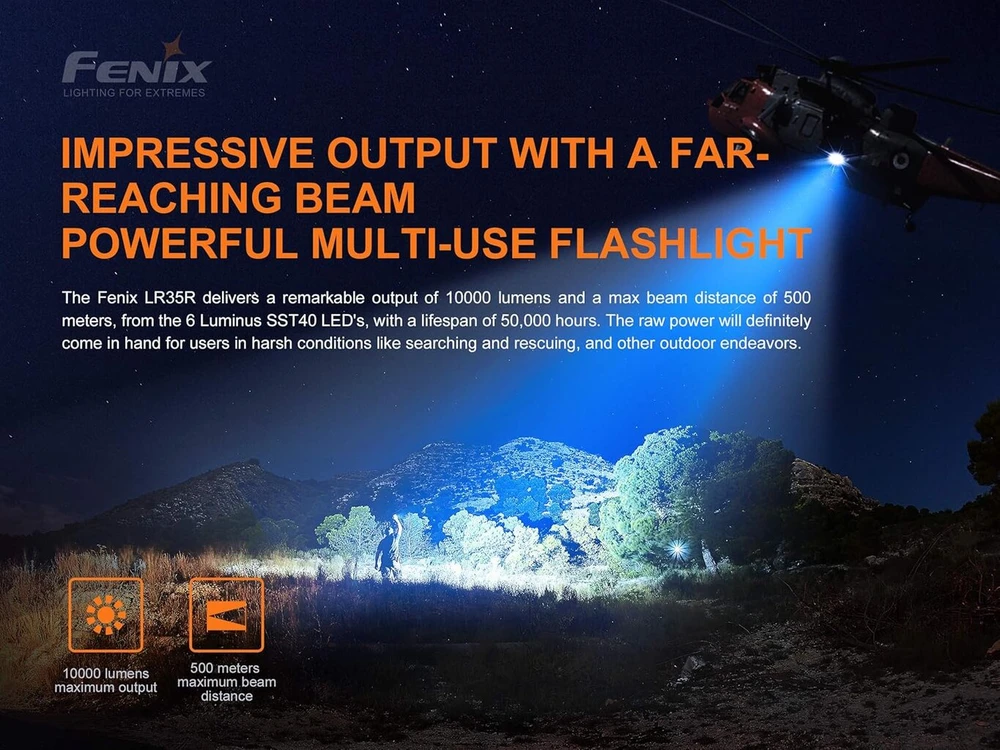 Fenix Lr35r 10000 liumenų itin ryškus žibintuvėlis, įkraunamas žibintas, paieškos ir gelbėjimo žibintas, profesionalus lauko apšvietimo žibintas