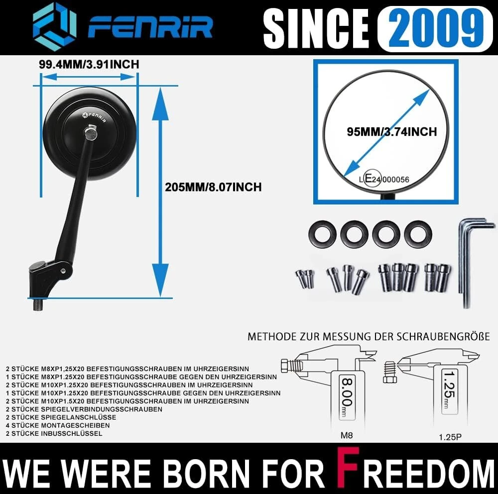 Fenrir E patvirtintas motociklo šoninis veidrodėlis galinio vaizdo veidrodis nuo akinimo juodas apvalus retro Cnc, skirtas Sv650 Vulcan S Z900rs Z650rs Scrambler V7 V9 Monster Rninet R12 Rebel Xsr700 Xsr900 Cb650r Cb1000r