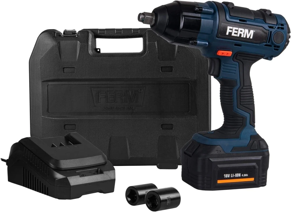 Ferm cdm1127 akumuliatorinis li-ion smūginis veržliasukis su 2 galvutėmis/akumuliatoriumi ir įkrovikliu, 18 v, mėlynas, 380 n m 4 a