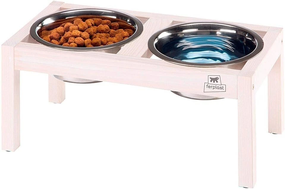 Ferplast Desco Wood šunų dubuo su 2 nerūdijančio plieno dubenimis - elegantiškas medinis šunų maisto ir vandens dubuo, neslystantis, 1,7 litro