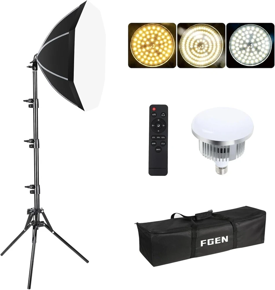 Fgen softbox foto studijos rinkinys, 50 cm aštuonkampė softbox su 85 W 2700-6400 K reguliuojamomis led lempomis, 150 cm reguliuojamas šviesos stovas, skirtas youtube, tiktok vaizdo įrašams įrašyti, žaidimų transliacijoms (1 pakuotė)