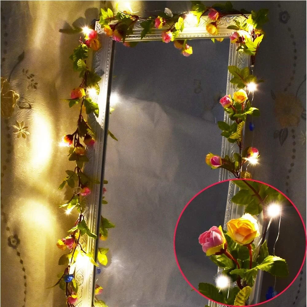 Fielegen 2 vnt. dirbtinių rožių žiedų girlianda su lemputėmis, 40 Led rožių girlianda su baterijomis Valentino dienai, Motinos dienai, vestuvėms, gimtadieniui, princesės miegamojo dekoravimui