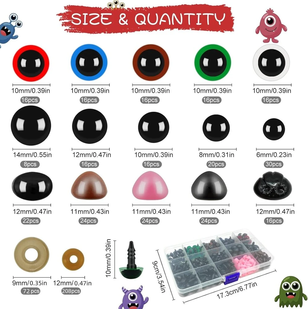 Fineasy 560 vnt. apsauginių akių rinkinys nertiems žaislams, akys nertiems gyvūnams su poveržlėmis, amigurumi akys, sagos akys nertiems gyvūnams, apsauginės nosys pliušiniams meškiukams, lėlėms (6-14 mm)